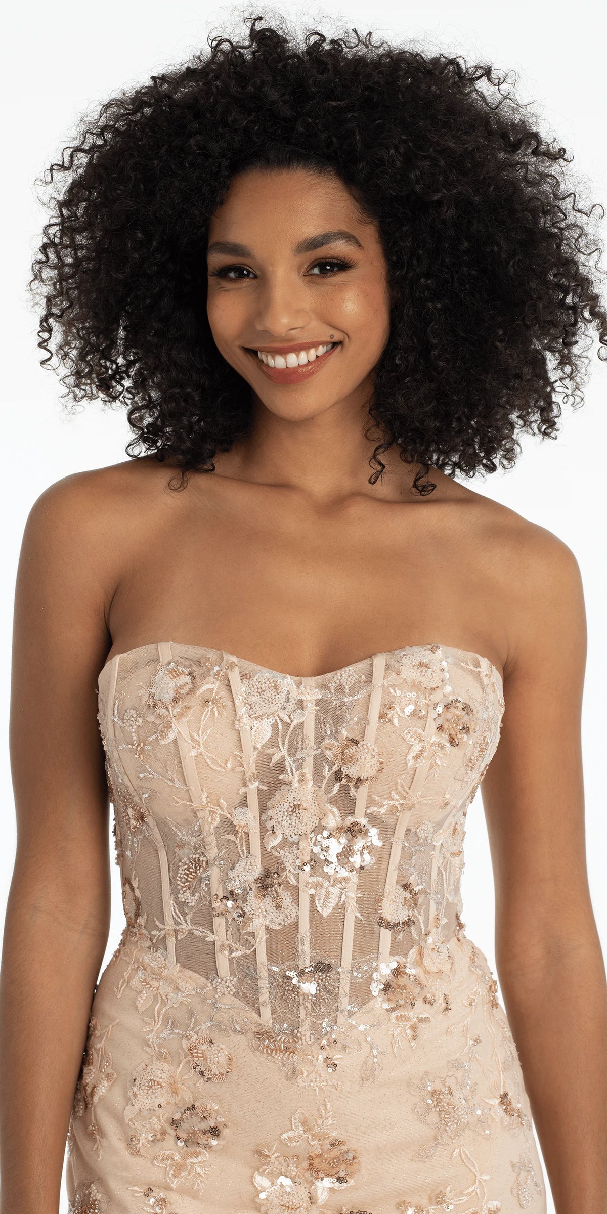 Glitter Corset Mesh Strappy Back Trumpet Dress with Beaded Floral Appliques