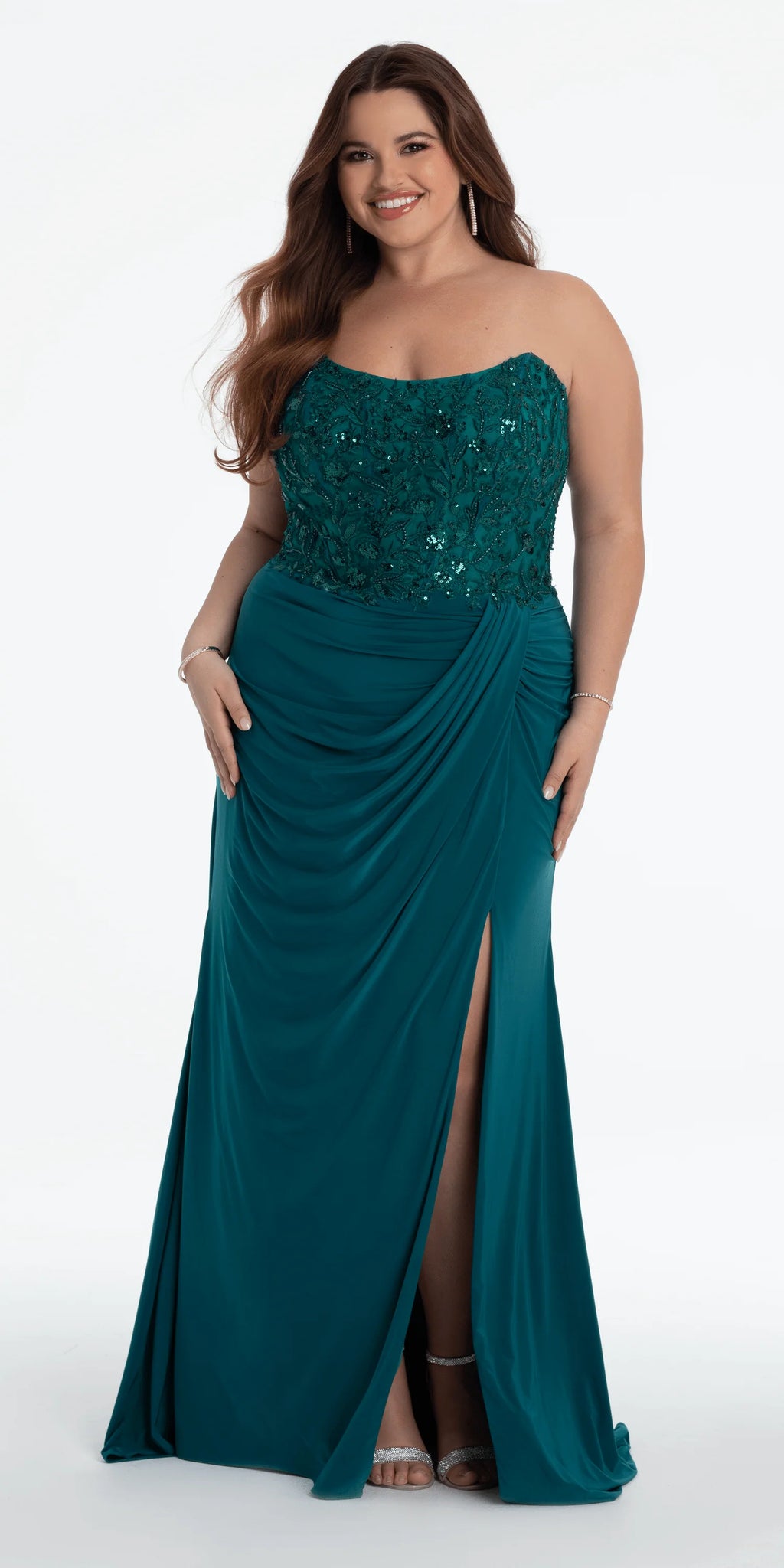 Strapless Embellished Drape Corset Jersey Column Dress