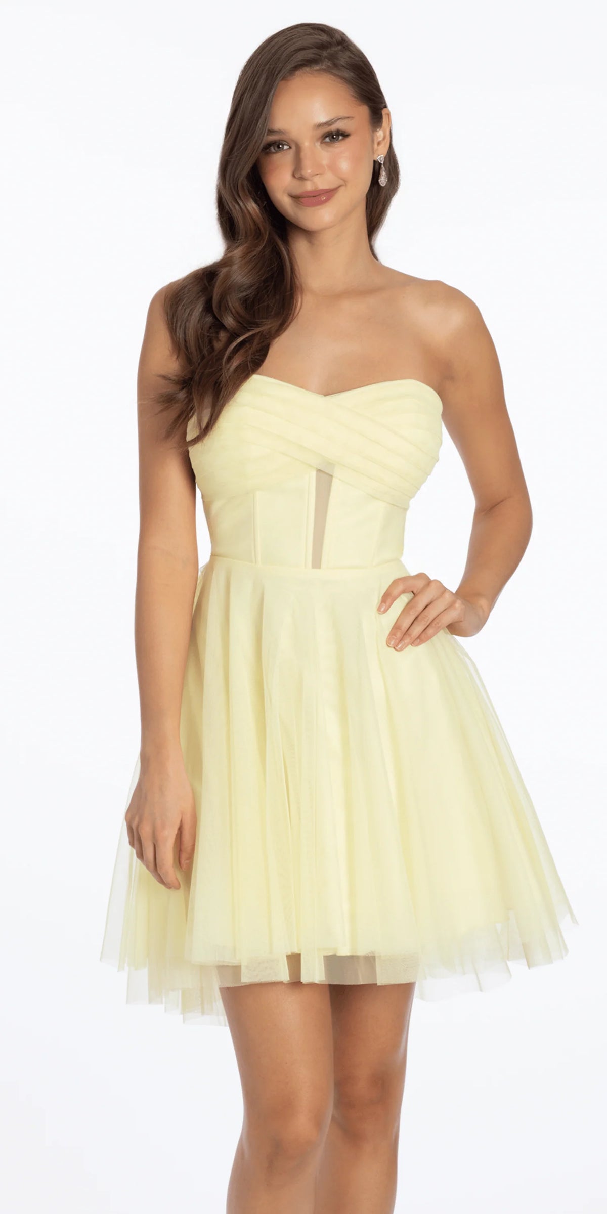 Strapless Mesh Corset Fit and Flare Dress with Twist Bodice