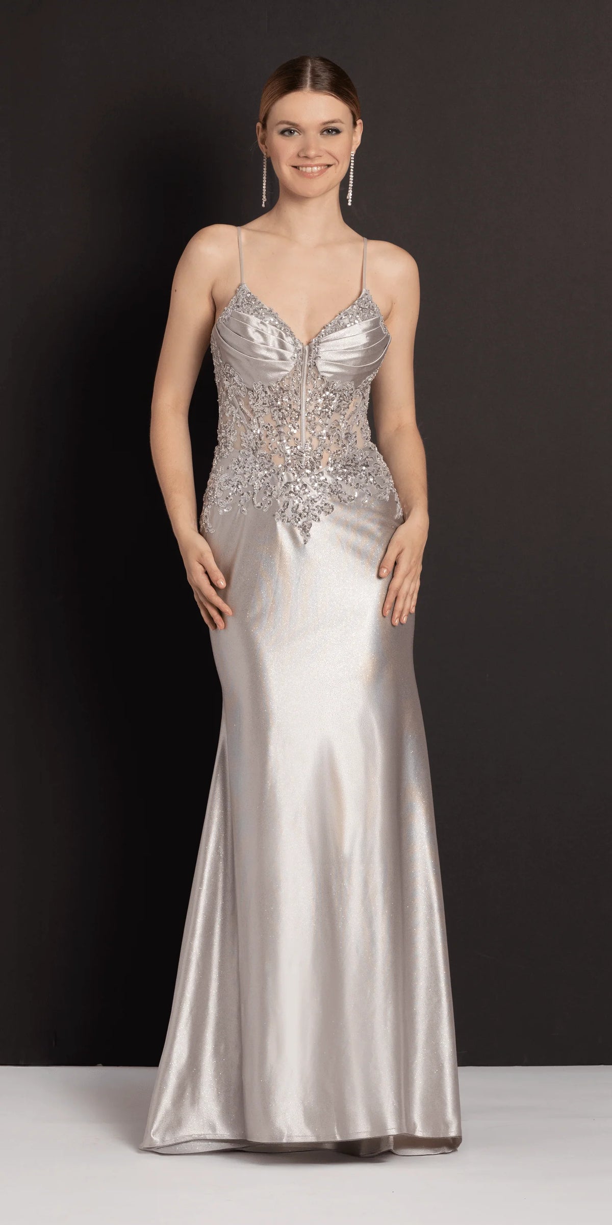 Satin Embellished Pleated Sweetheart Glitter Column Dress
