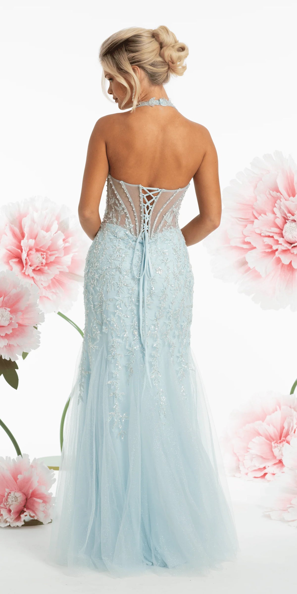 Mesh Halter Mermaid Corset Dress with 3D Florals and Pearl Detail