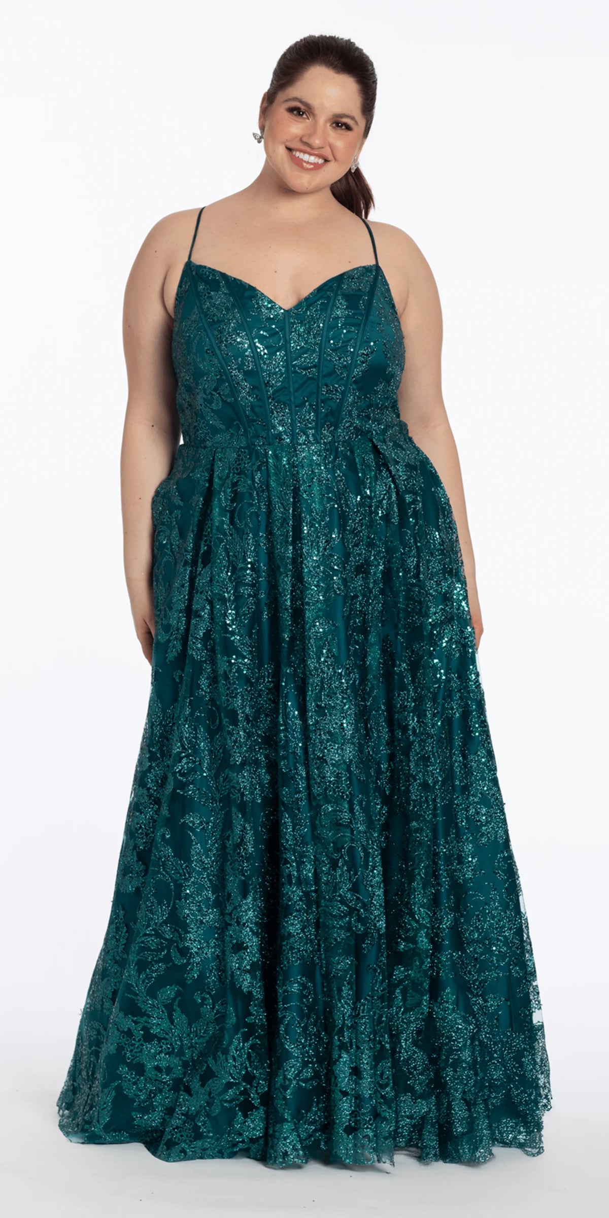 Strappy Back V Neck Glitter Mesh Ballgown with Pockets