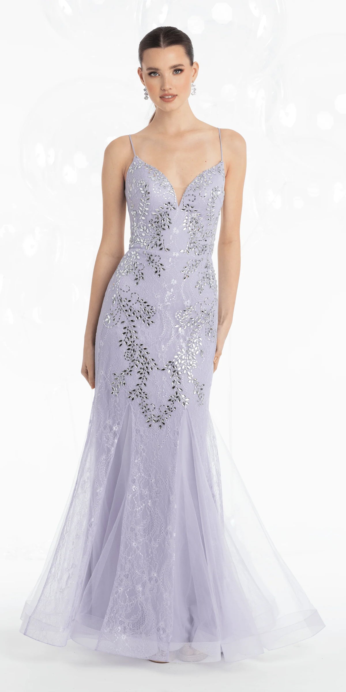 Strappy Back Crystal Beaded Lace Plunge Mermaid Dress with Godets