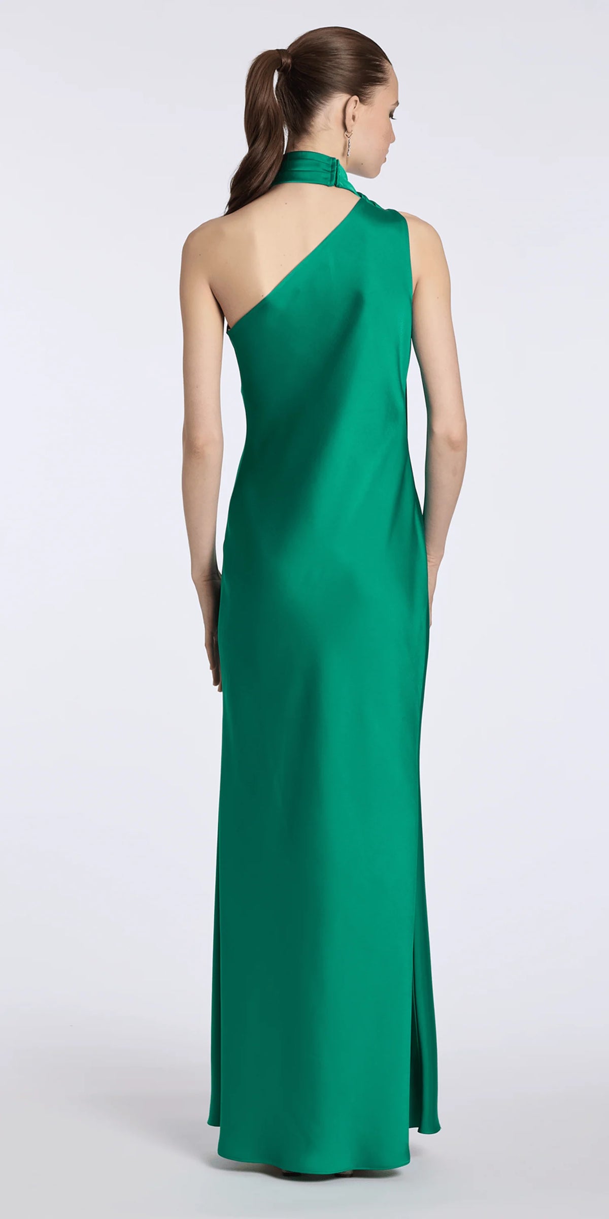 Satin One Shoulder Column Dress with a Mock Wrap Scarf