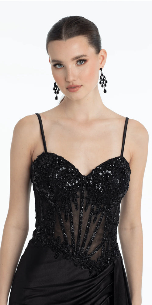 Embellished Sweetheart Corset Column Dress with Side Drape