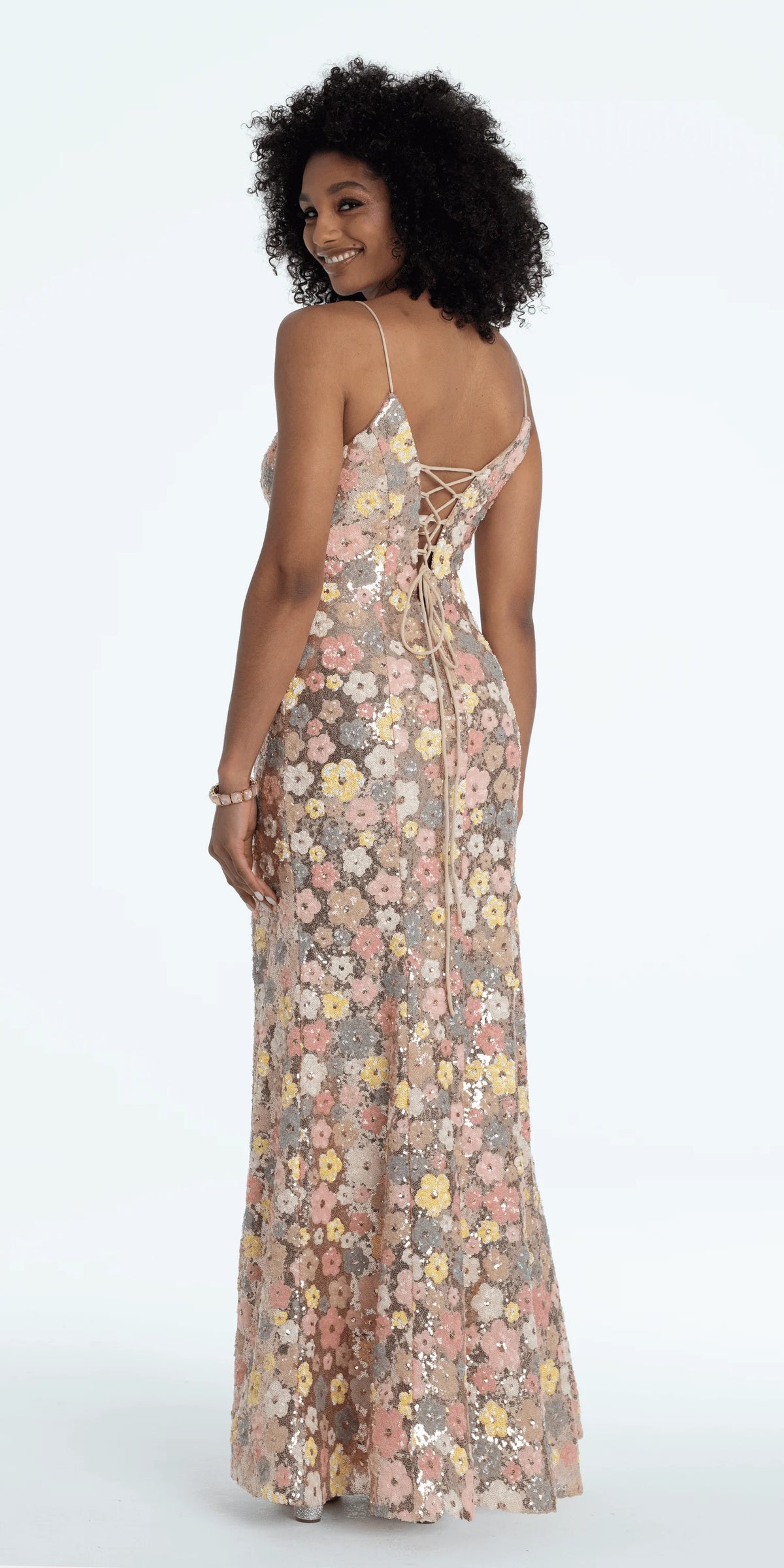 Plunging Sequin Daisy Lace Up Back Trumpet Dress