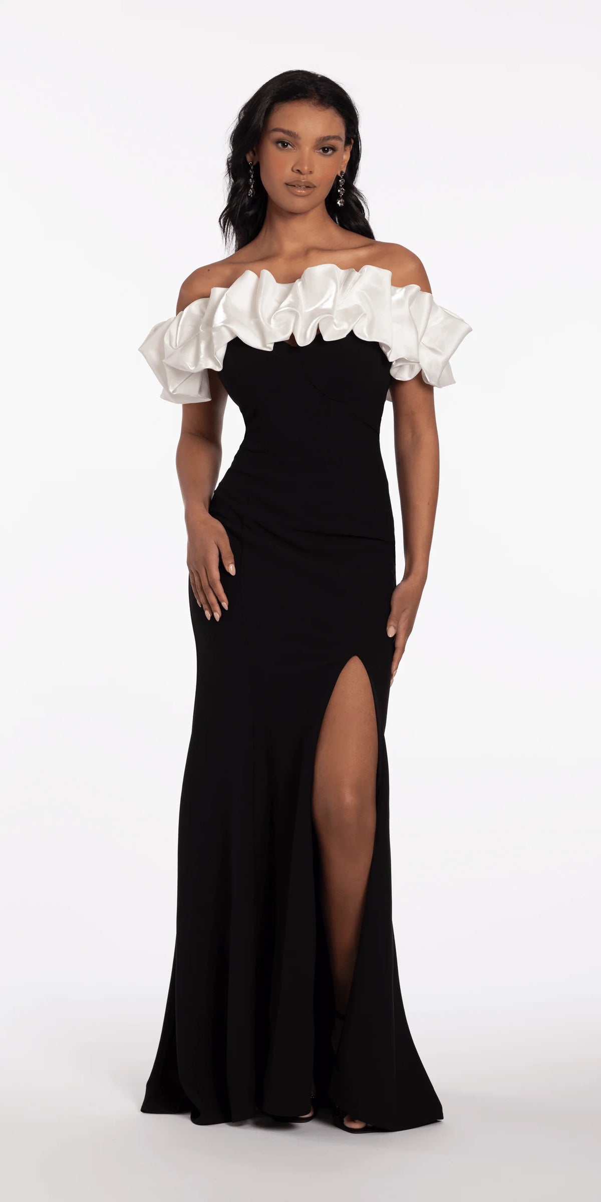 Two Tone Ruffle Off the Shoulder Crepe Trumpet Dress