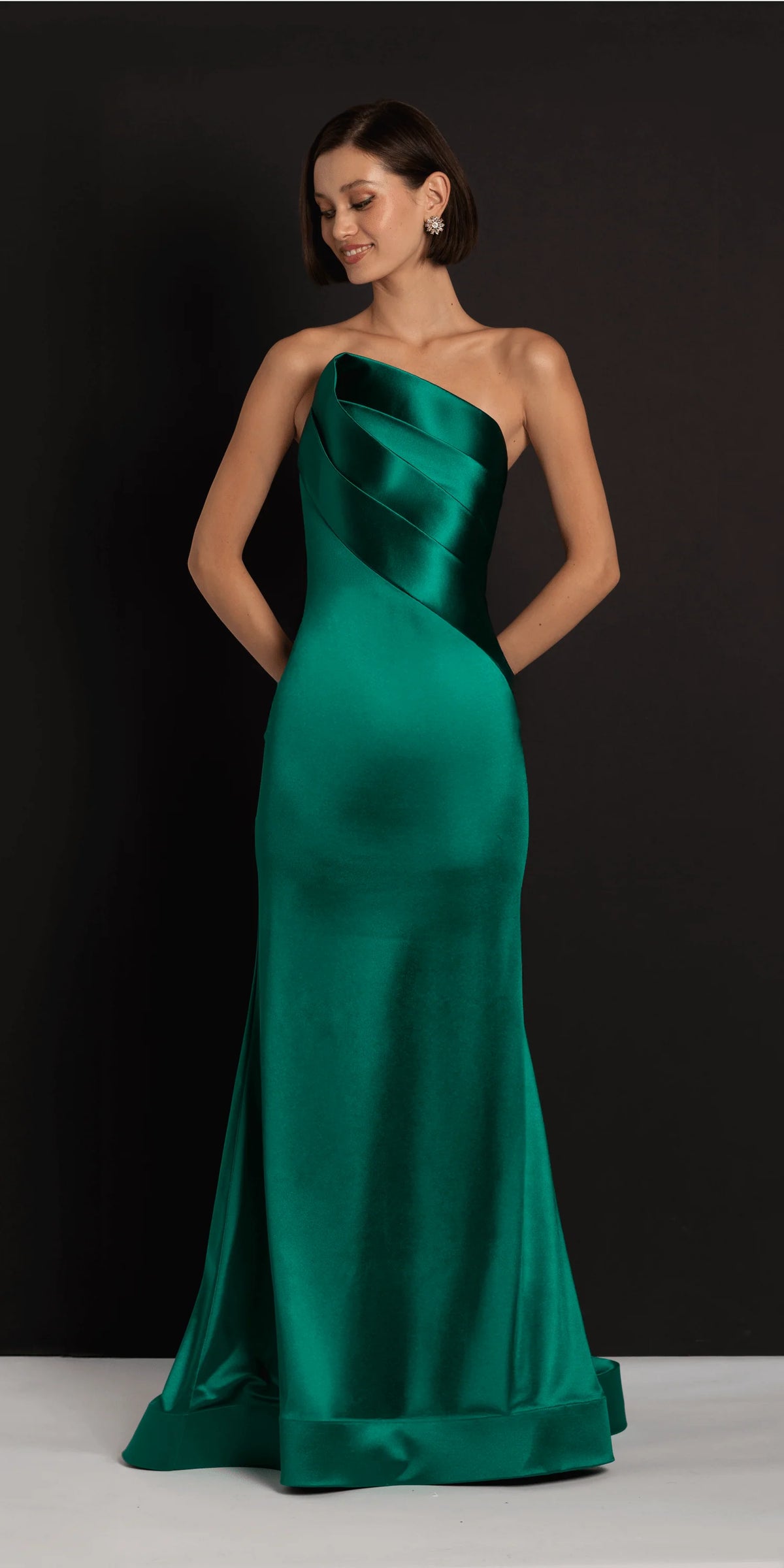 Satin Pleated Strapless Trumpet Dress with Sweep Train
