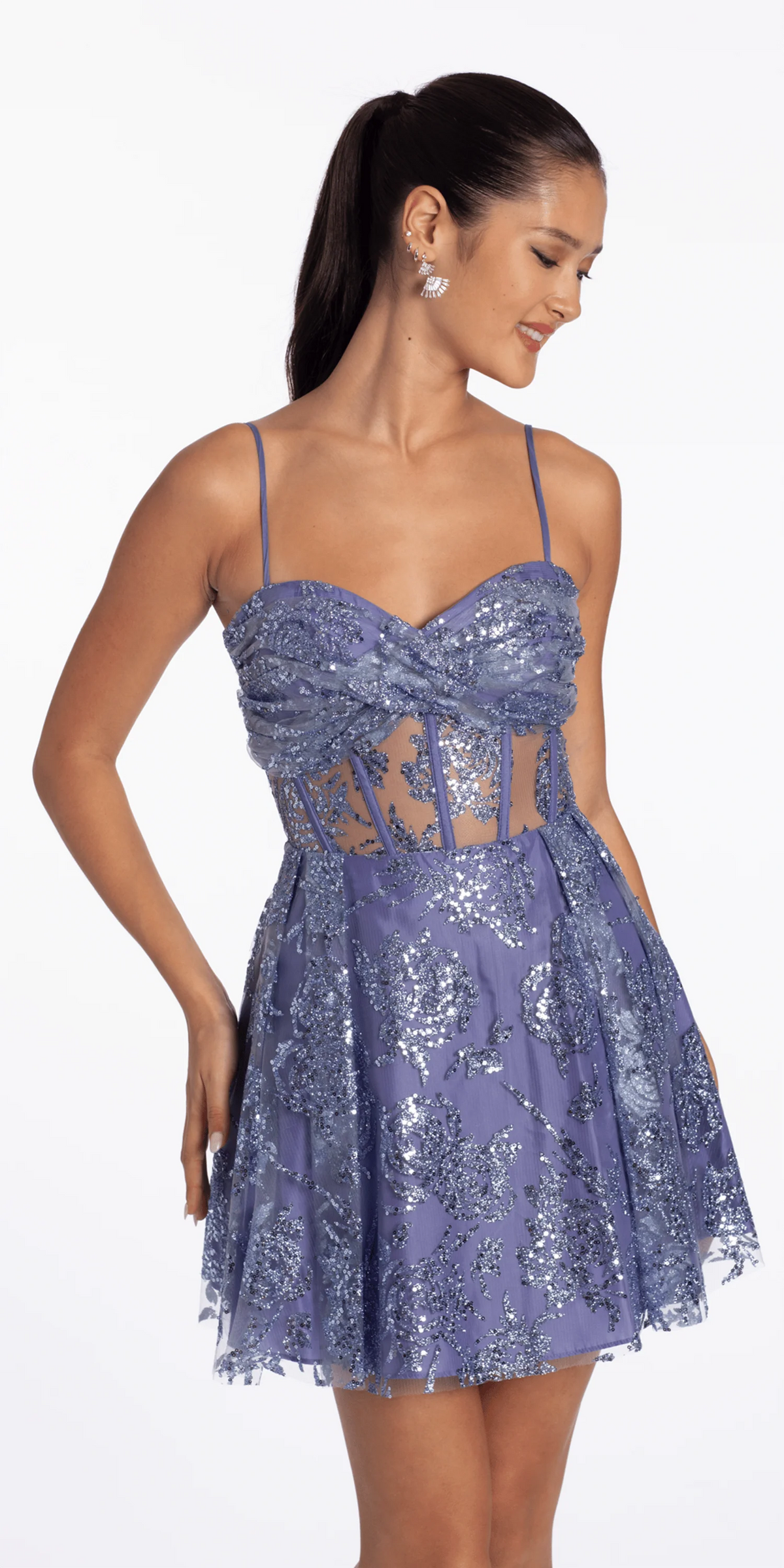 Glitter Mesh Twist Bodice Corset Fit and Flare Dress