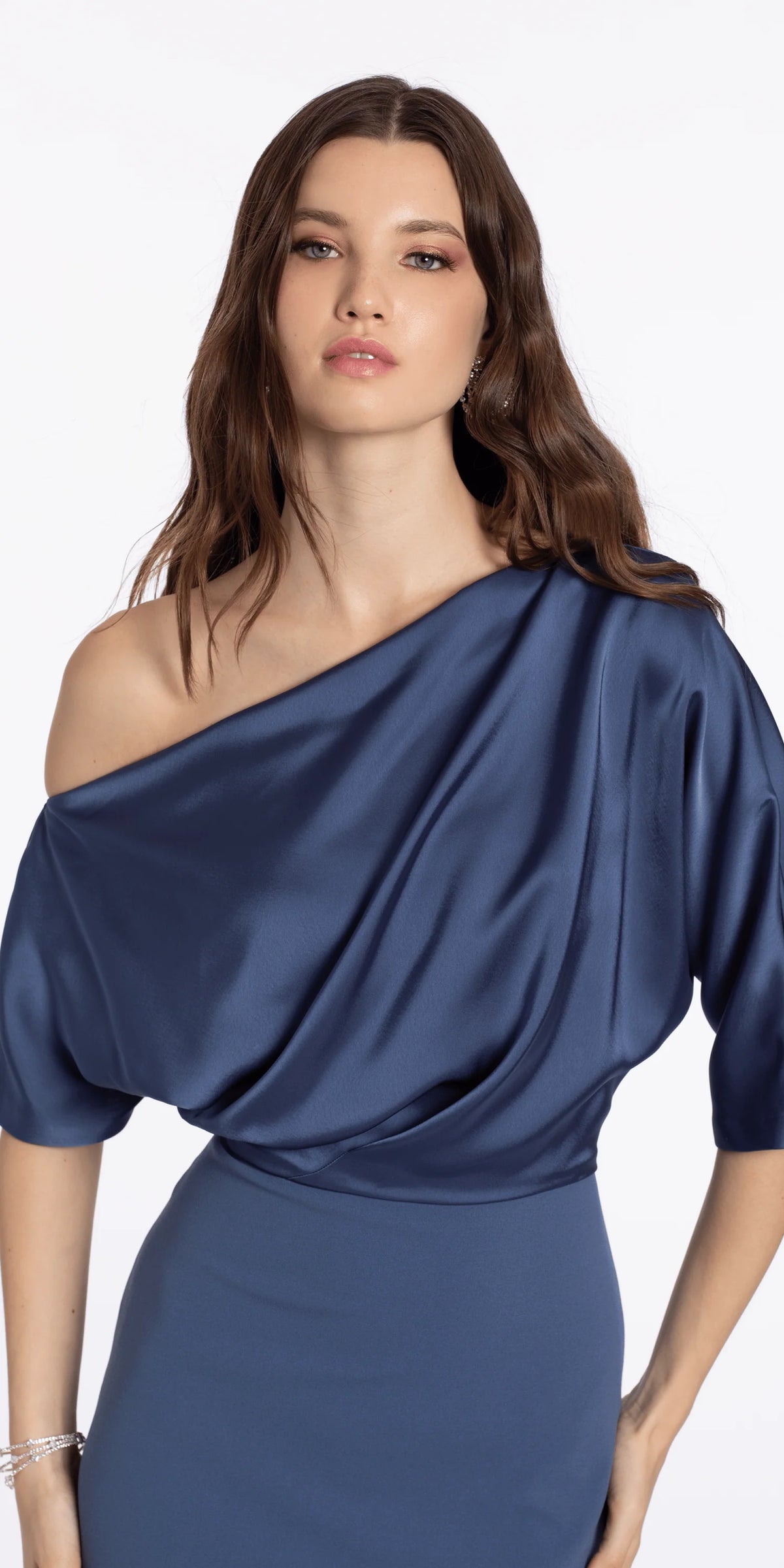 Satin Drape One Shoulder Short Sleeve Crepe Trumpet Dress