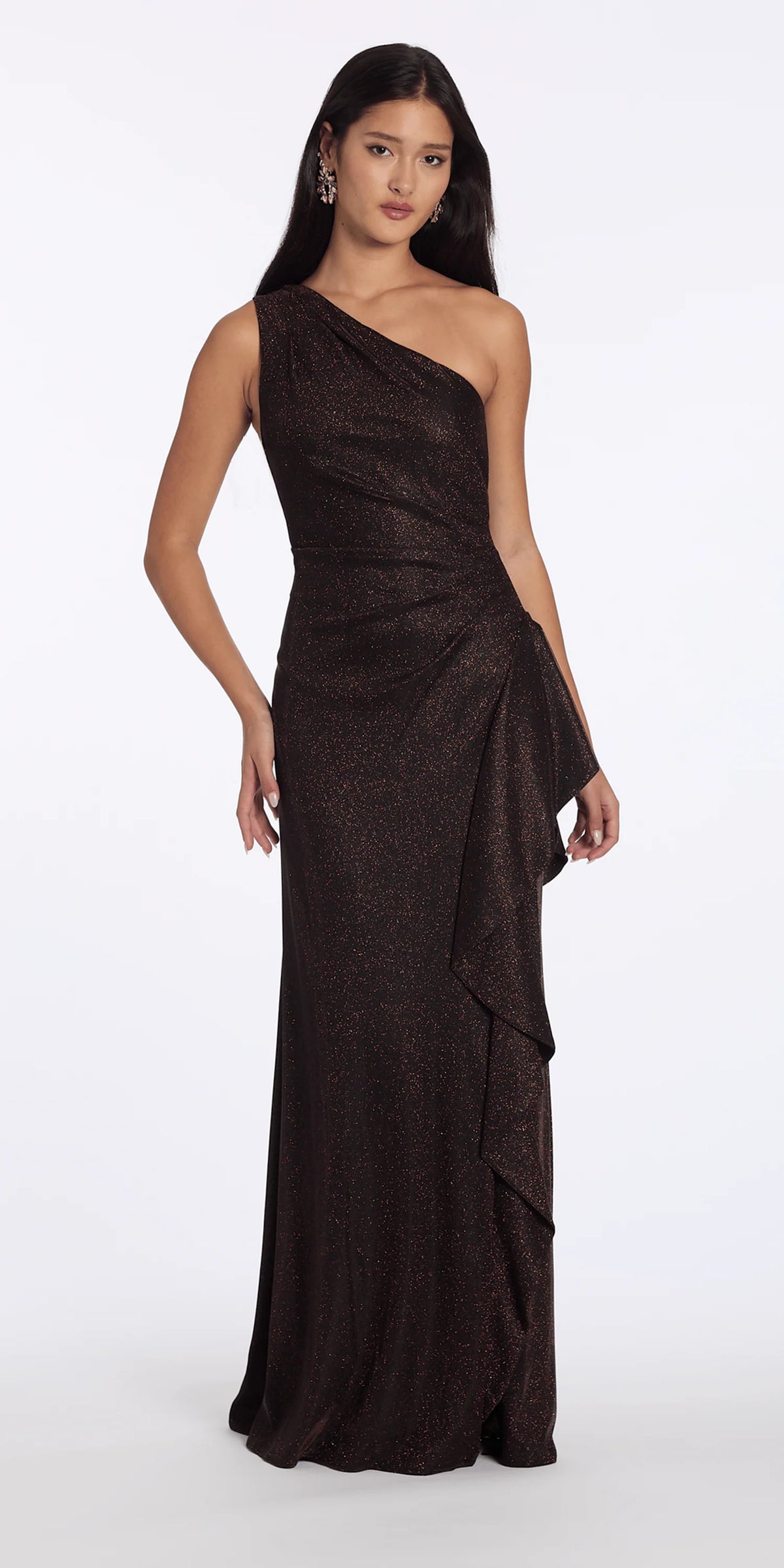 Two Tone Metallic One Shoulder Column Dress with Side Cascade