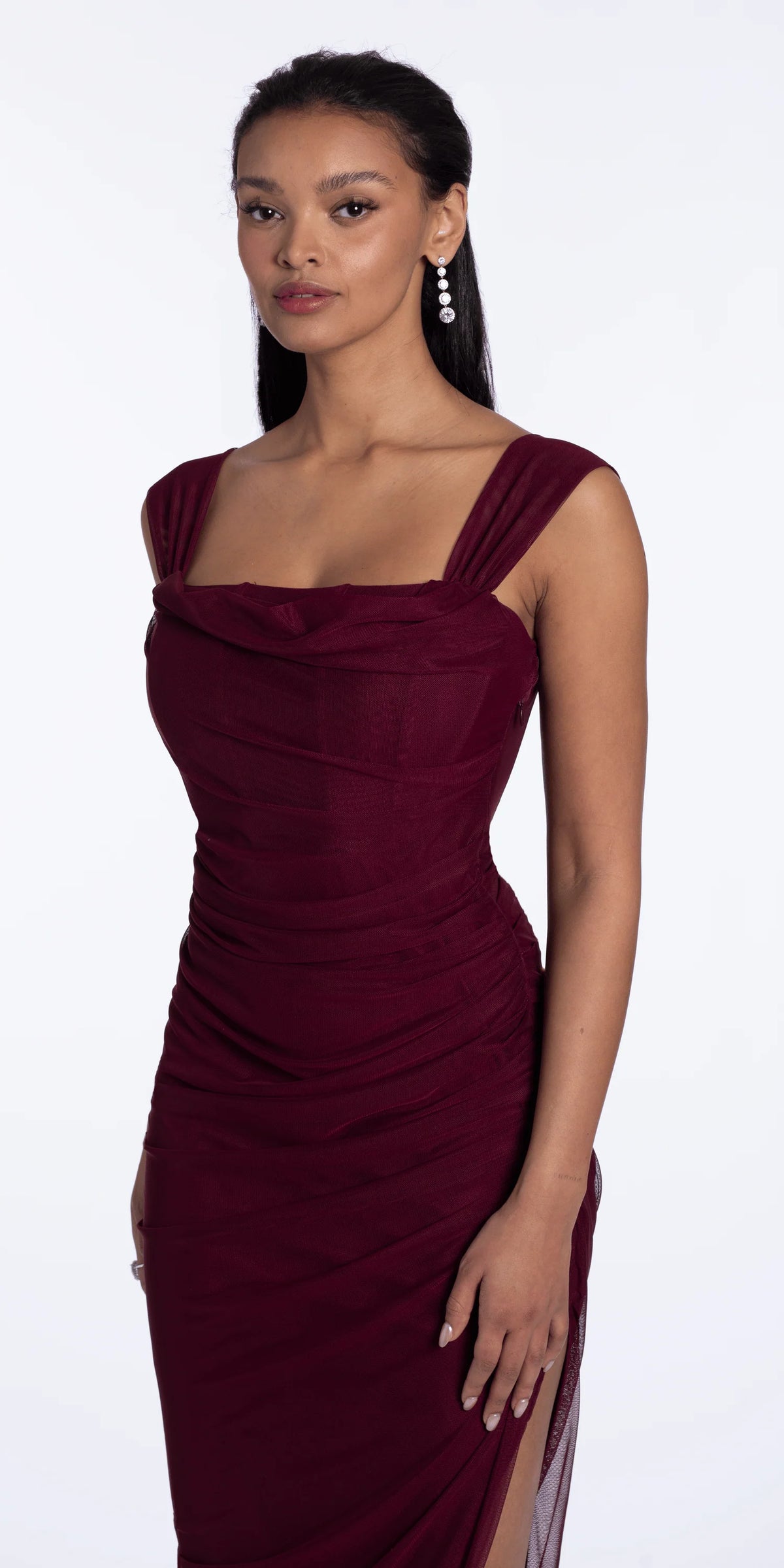 Mesh Square Neck Drape Corset Column Dress with Ruching