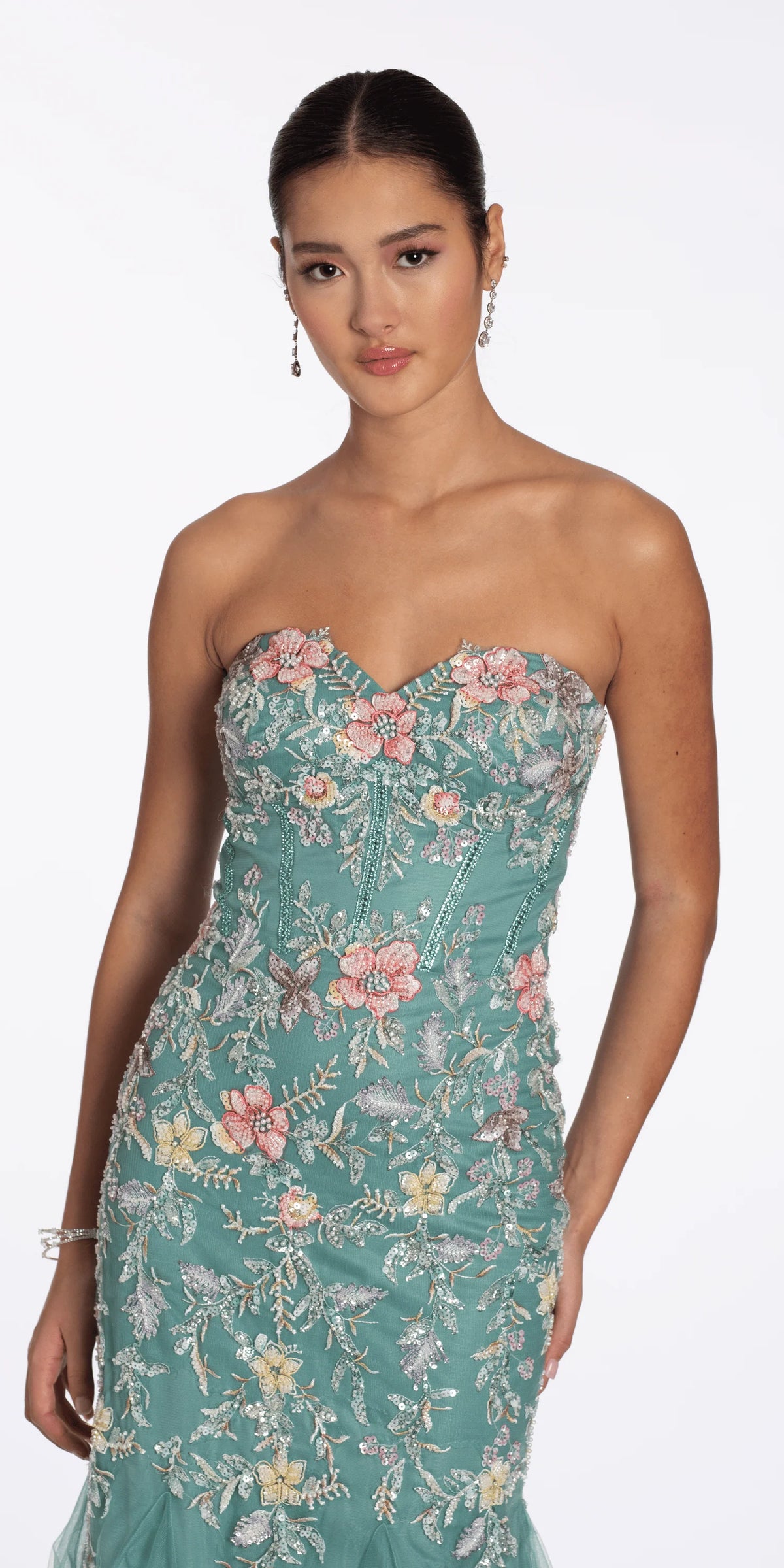 Floral Mesh Embroidered Strapless Mermaid Dress with Godets