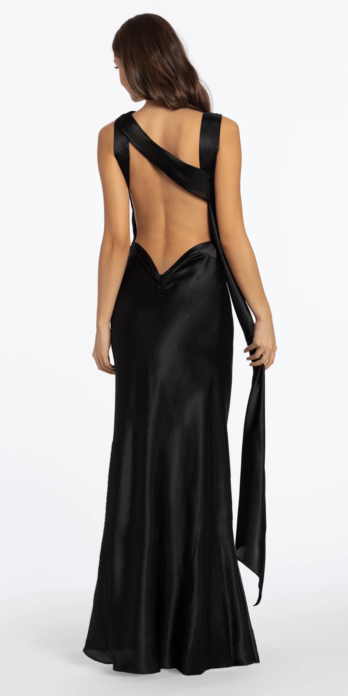 Satin Cowl Neck Open Back Column Dress