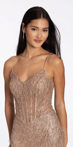 Crushed Stone and Glitter Mesh Corset V Back Trumpet Dress