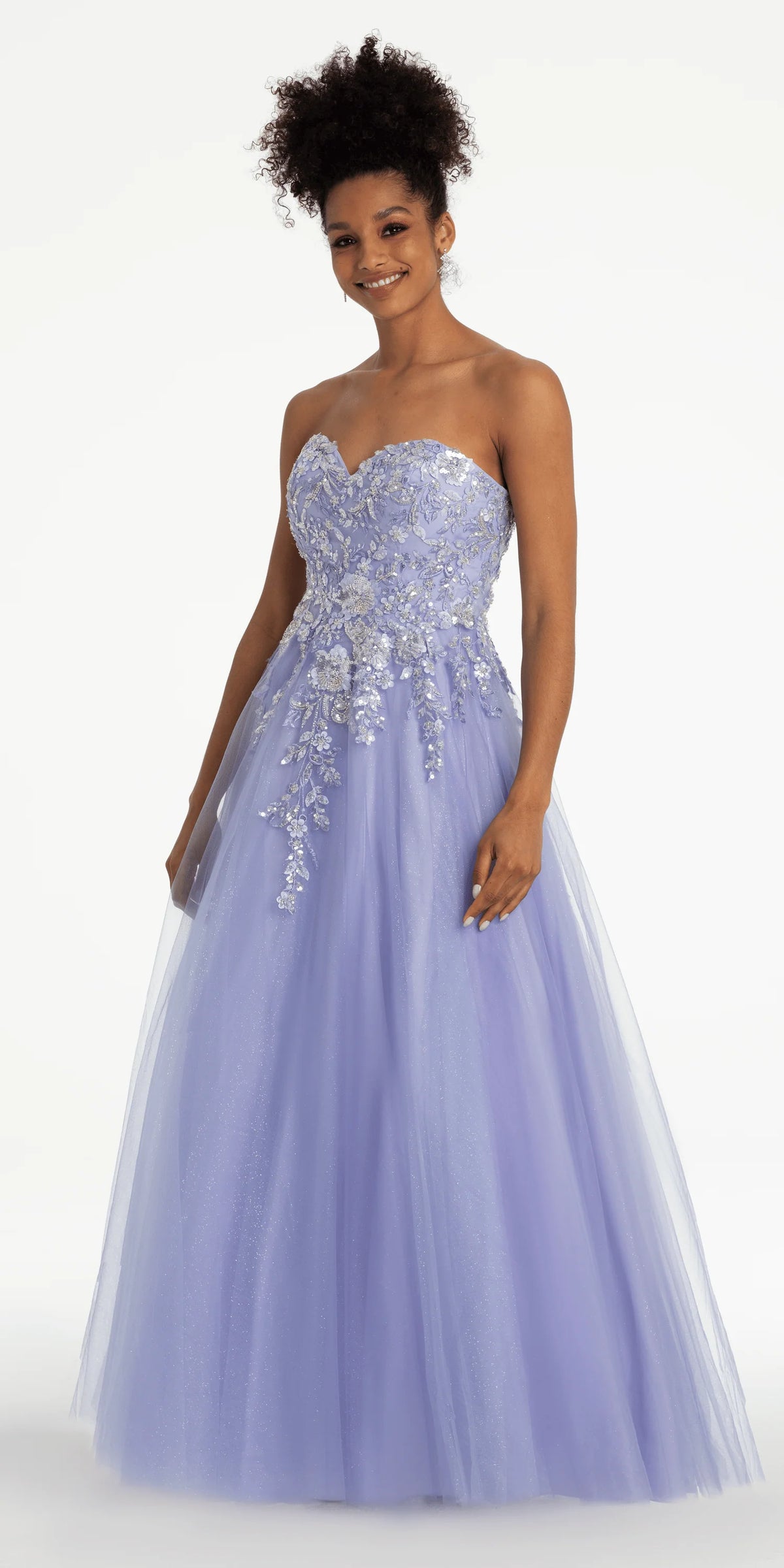 Strapless Sweetheart Glitter Mesh Ballgown with 3D Appliques