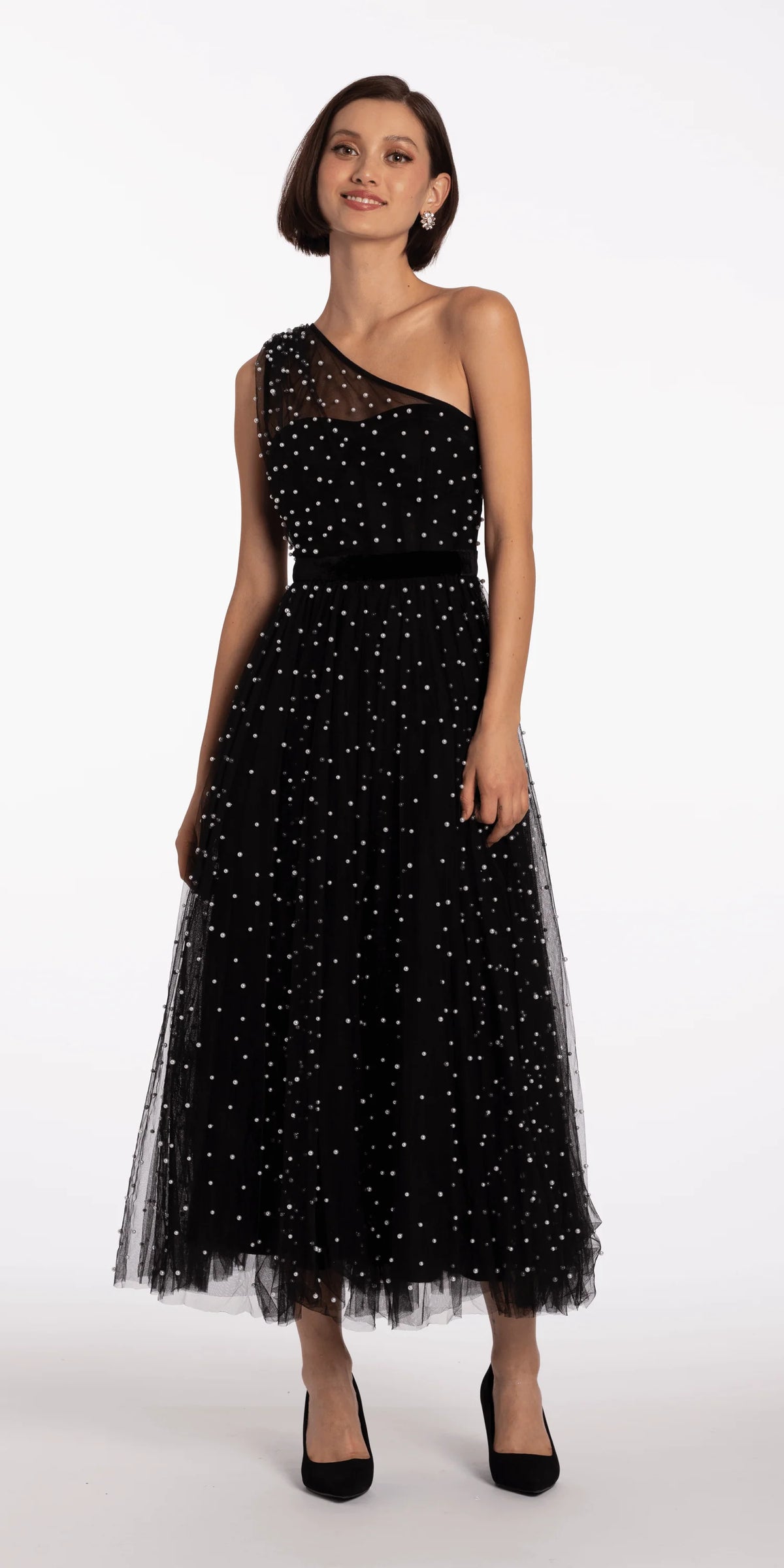 One Shoulder Pearl Mesh Tea Length Dress
