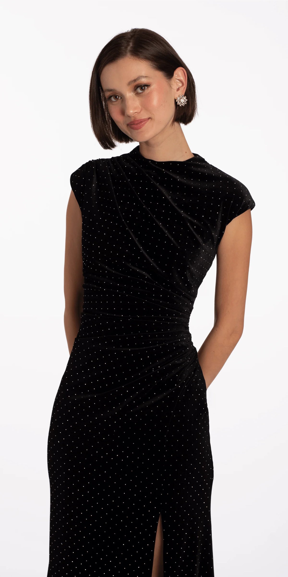 Stone Encrusted Velvet Mock Neck Cap Sleeve Column Dress
