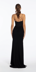 Mesh Drape Neck Corset Column Dress with Heat Set Stones