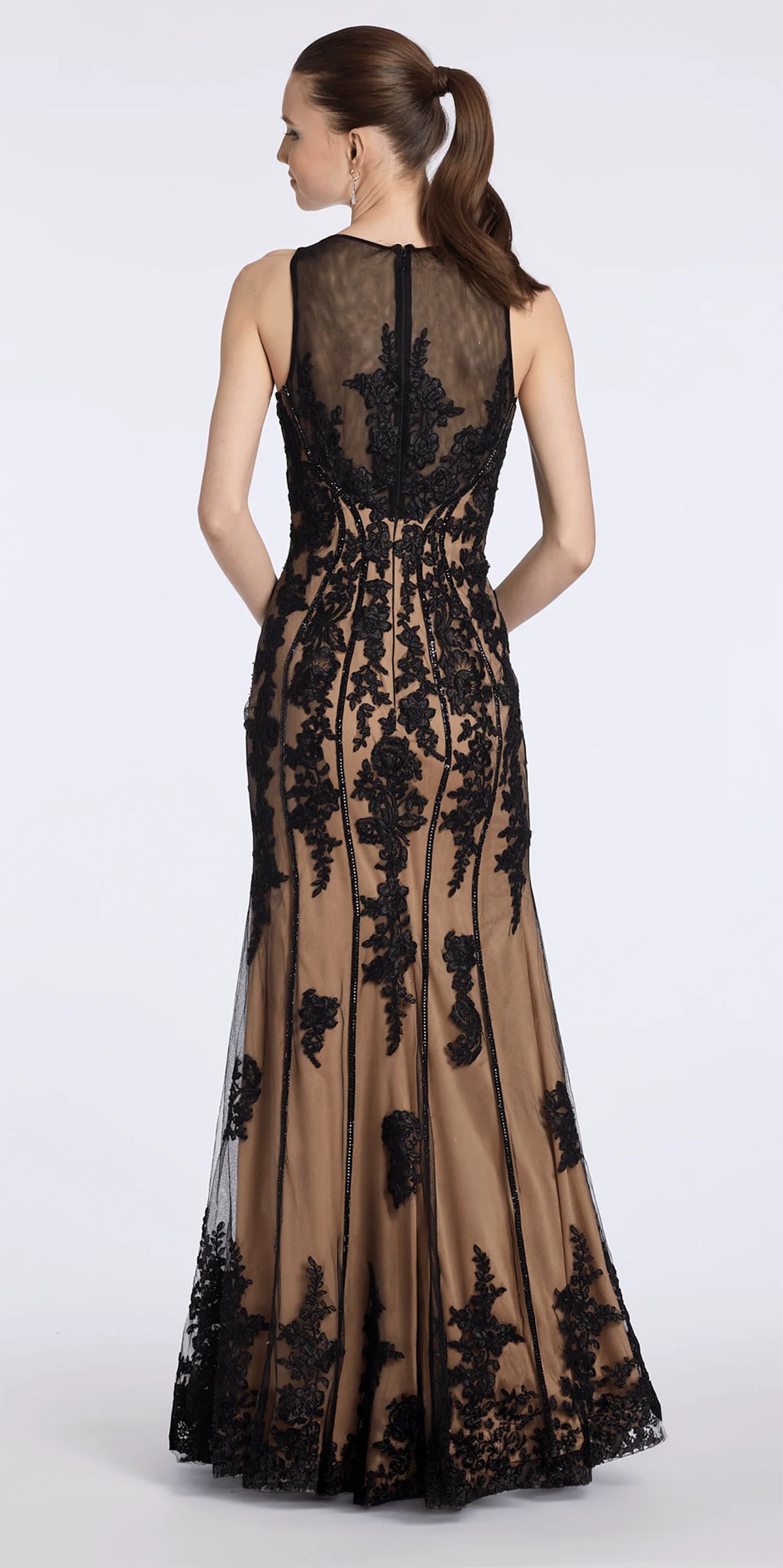 Mesh Embroidered Two Tone Jewel Neck Trumpet Dress with Scalloped Hem