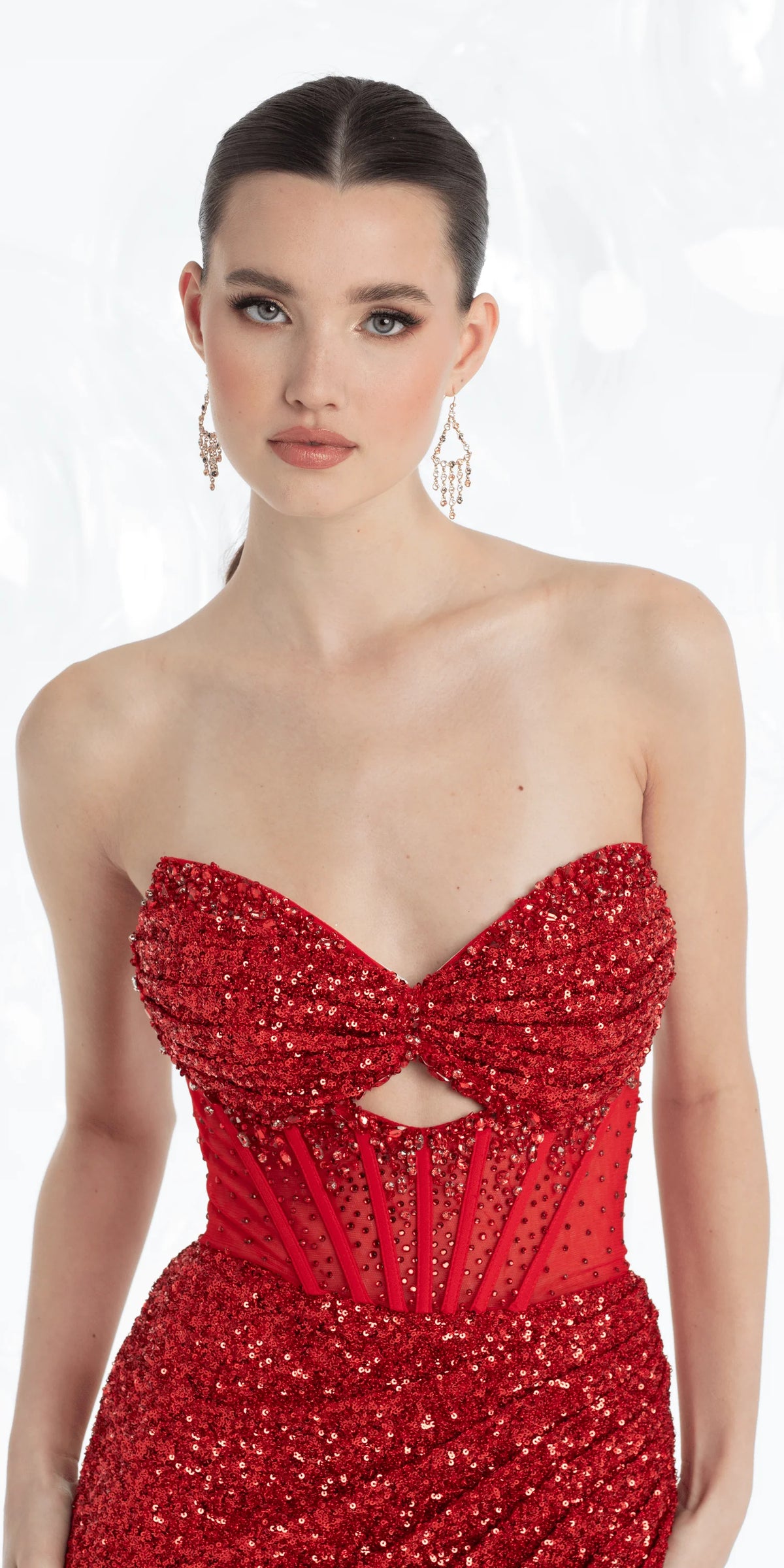 Strapless Sequin Peek a Boo Corset Trumpet Dress