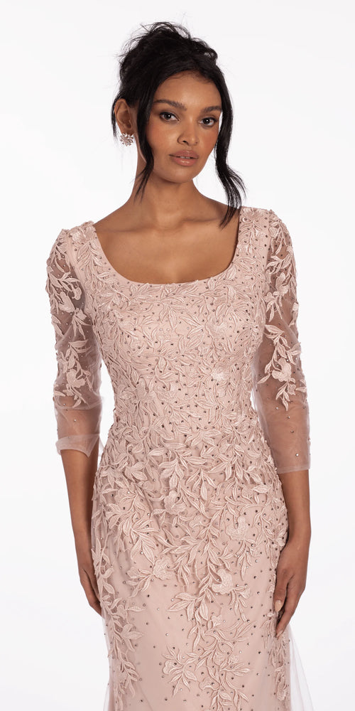 3 4 Sleeve Mesh Embroidered Column Dress with Heat Set Beads