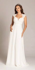 Cap Sleeve Crocheted Illusion Back Chiffon A Line Dress