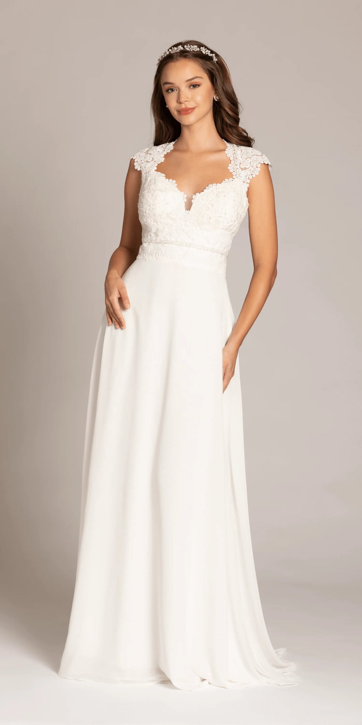 Cap Sleeve Crocheted Illusion Back Chiffon A Line Dress