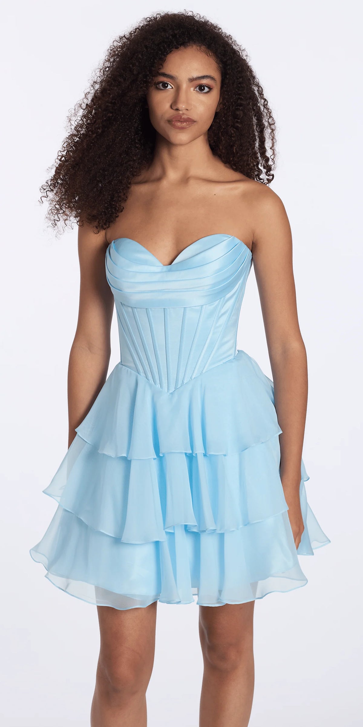 Satin Chiffon Strapless Tiered Corset Fit and Flare Dress