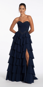 Strapless Beaded Chiffon Corset Tiered Ballgown