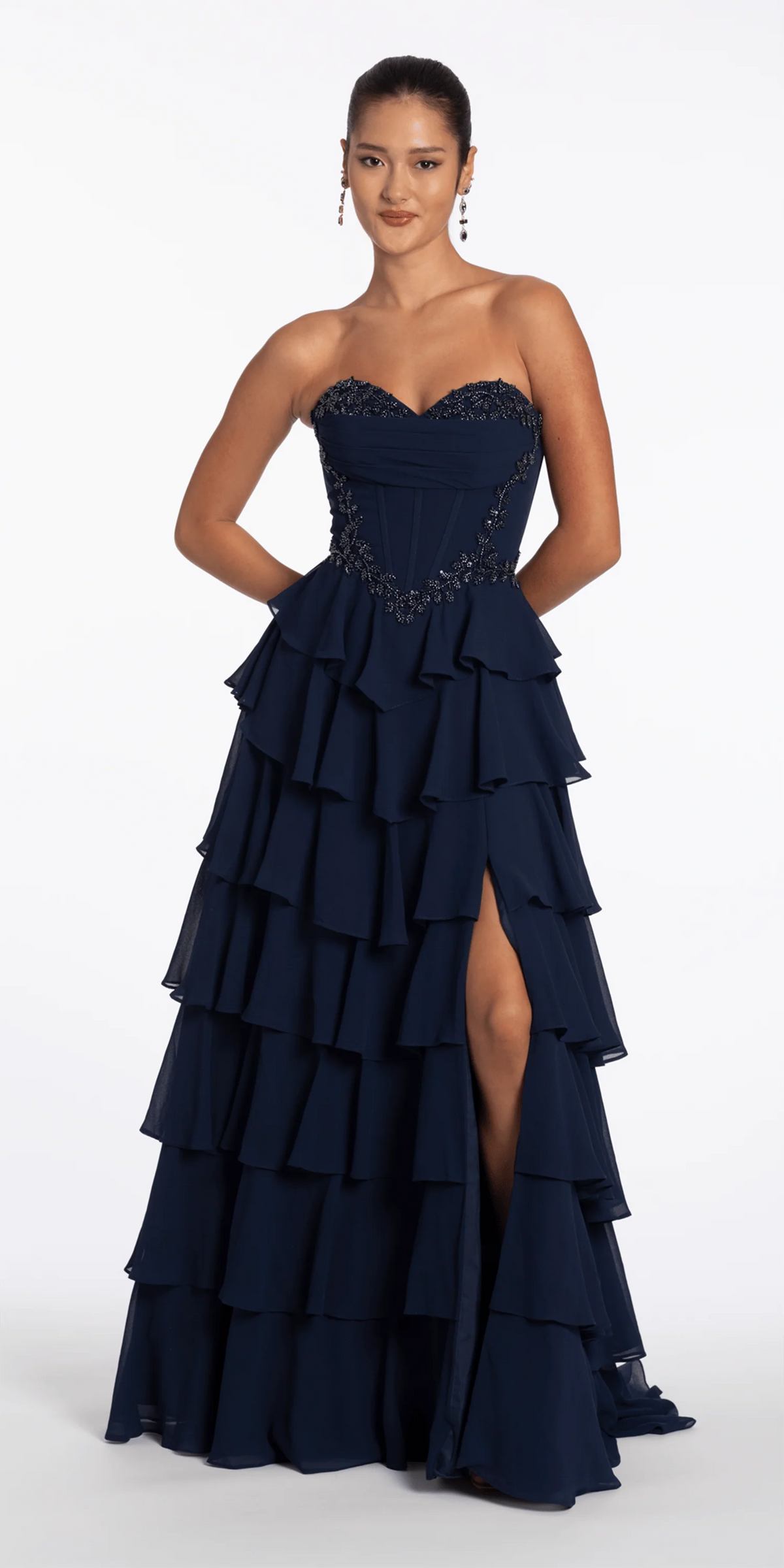 Strapless Beaded Chiffon Corset Tiered Ballgown