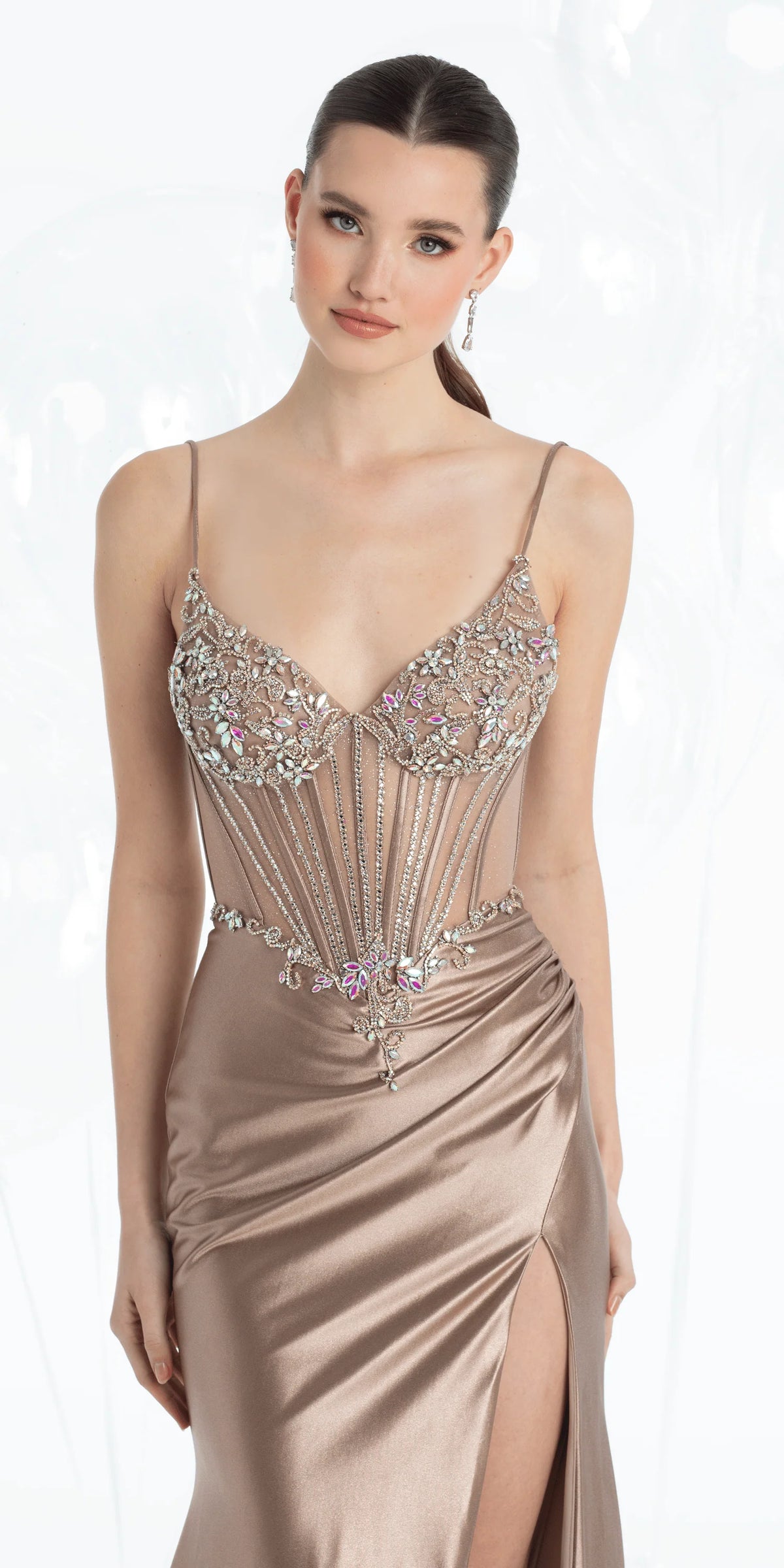 Rhinestone Satin Corset Trumpet Dress with Side Silt