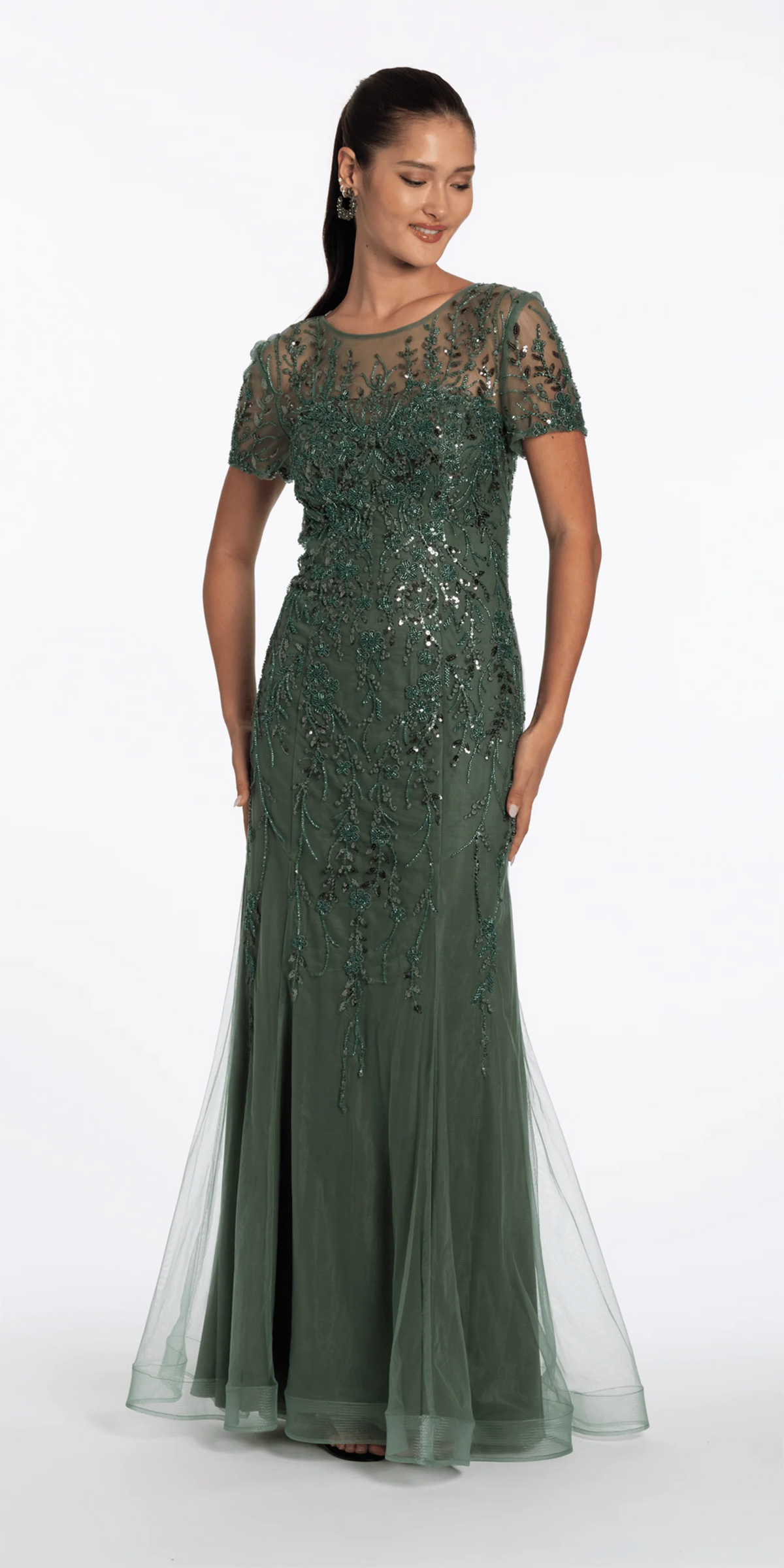 Jewel Neck Embellished Short Sleeve Mesh Trumpet Dress