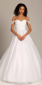 Embroidered Off the Shoulder Tulle Ballgown with Floral Detail