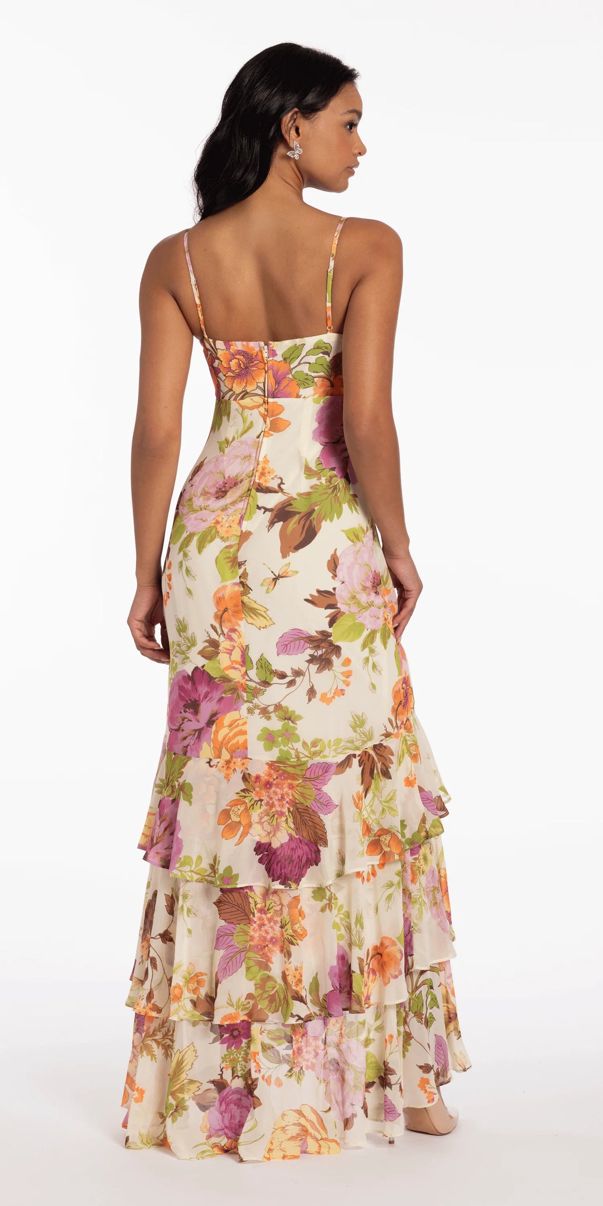 Floral Print Chiffon Drape Front Ruffle High Low Dress