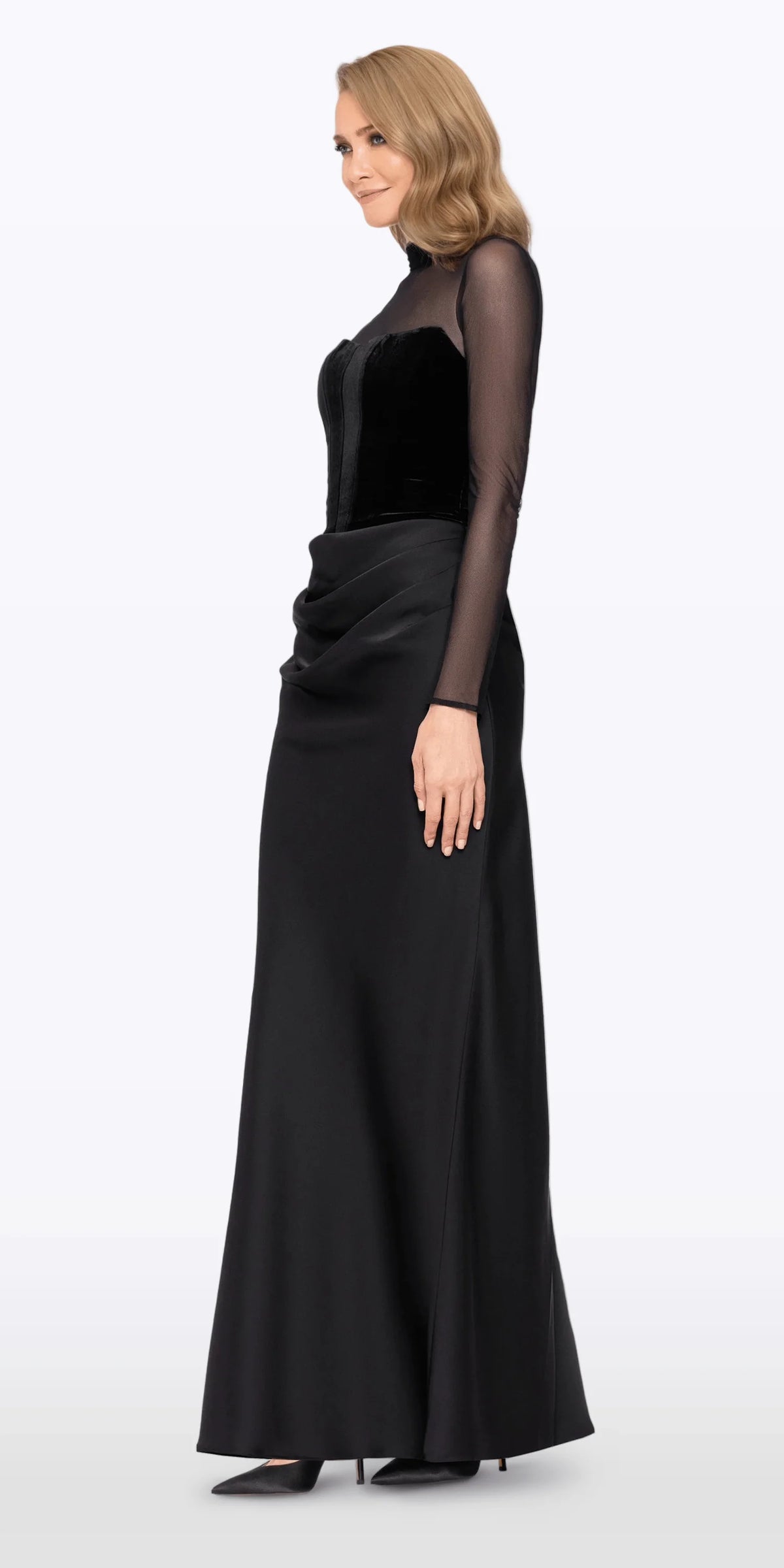 Mock Neck Illusion Long Sleeve Velvet and Satin Column Dress