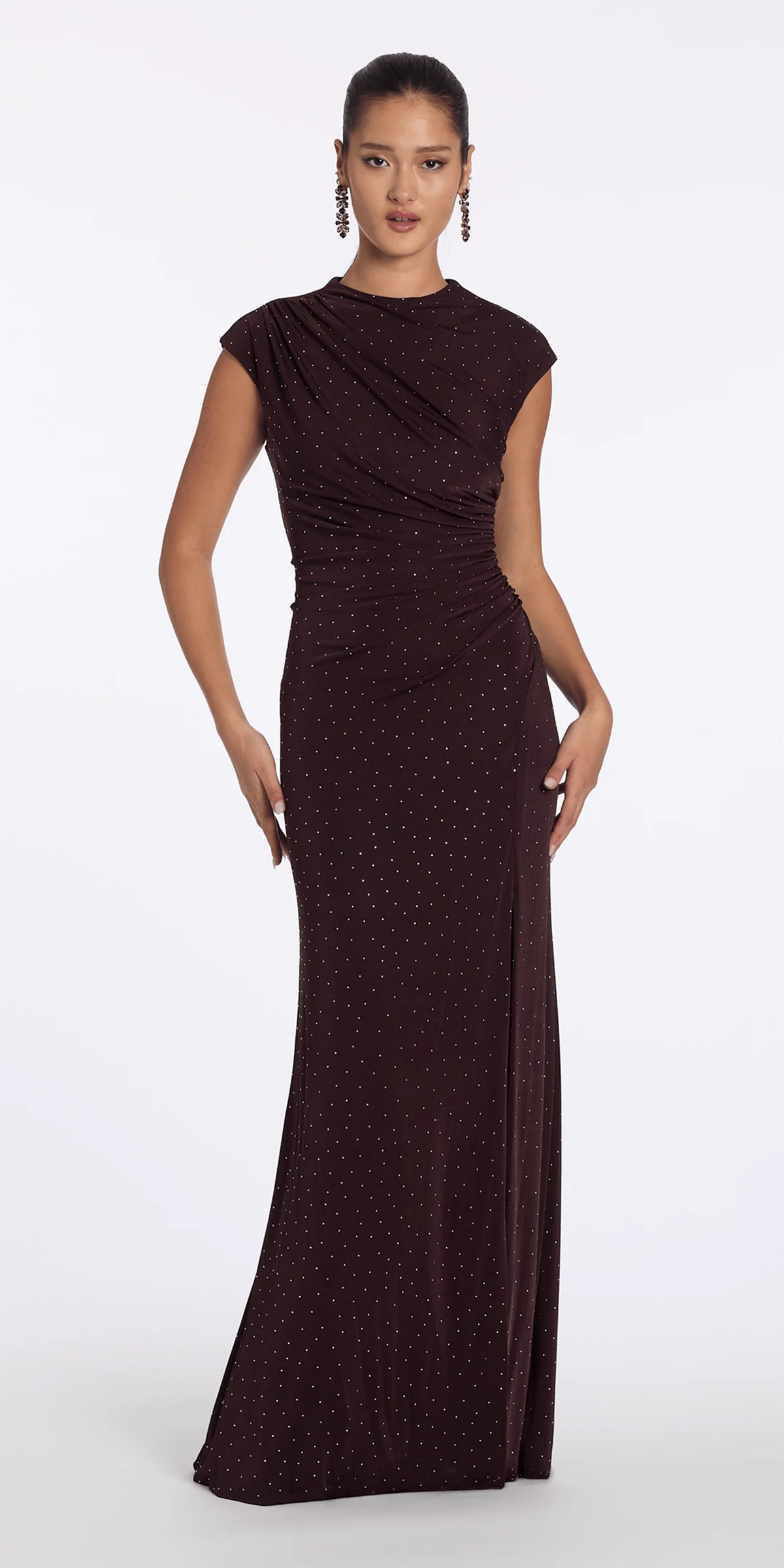 Jersey Jewel Neck Cap Sleeve Column Dress with Studs