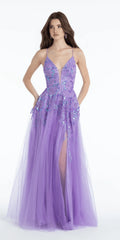 Sequin Embellished Glitter Plunge Ballgown with Side Slit