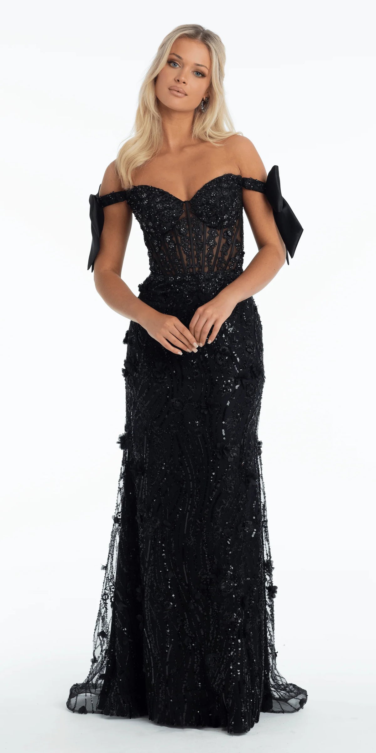 Mesh Off the Shoulder Stone Corset Trumpet Dress with 3 D Appliques