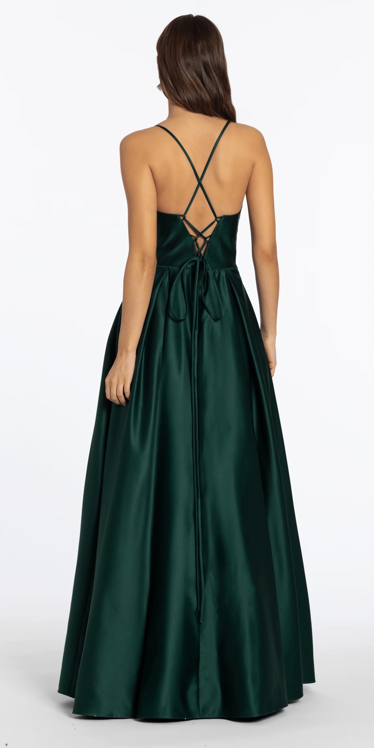 Satin Beaded Drape Corset Ballgown with Side Pockets