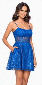 Strappy Back Glitter Mesh Sheer Corset Skater Dress with Pockets
