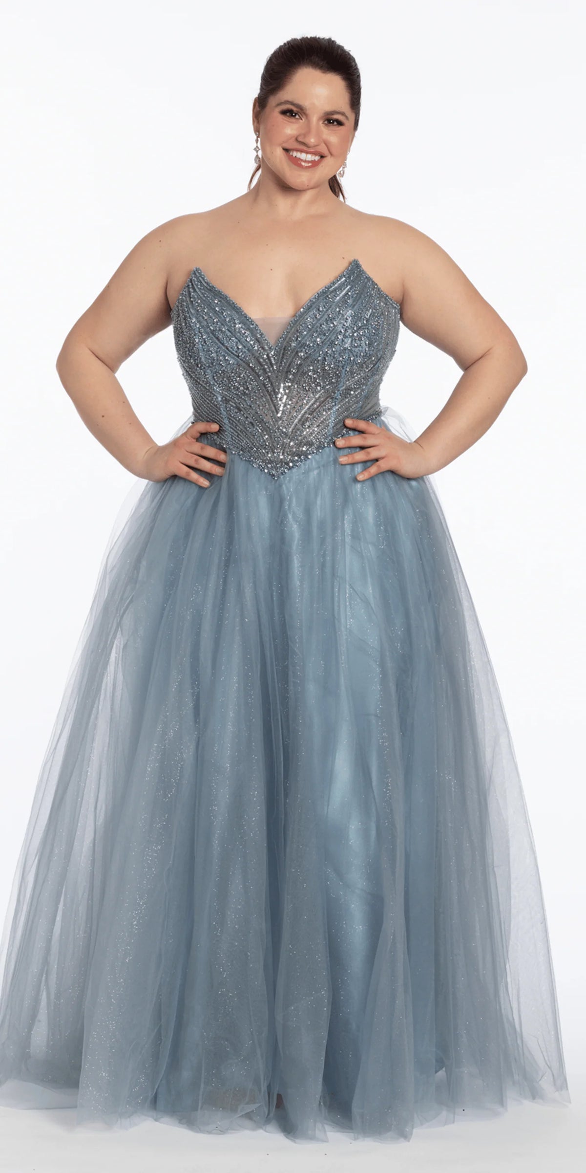 Strapless Pointed Beaded Corset Glitter Tulle Ballgown