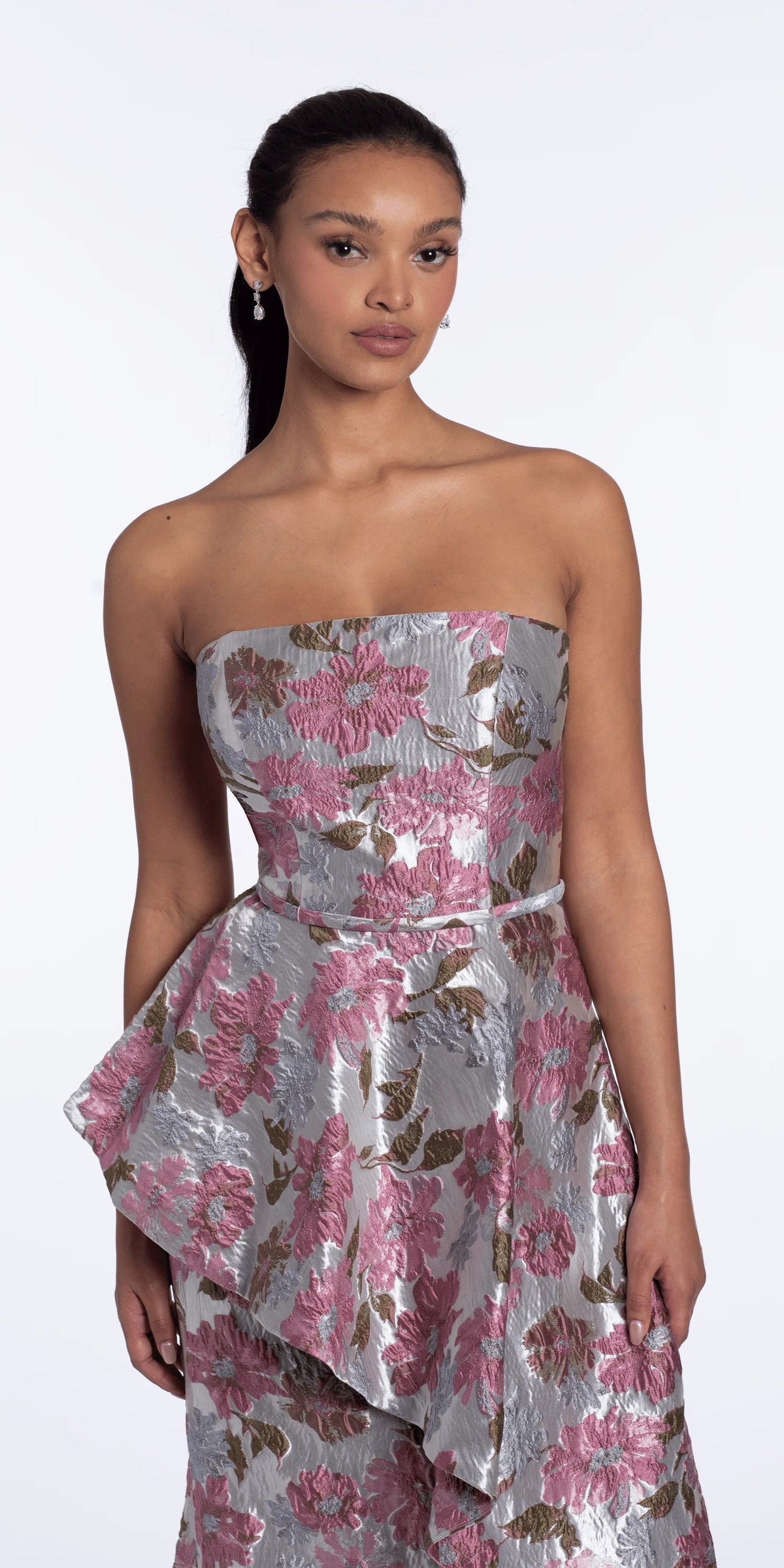 Angled Peplum Strapless Metallic Floral Jacquard Dress