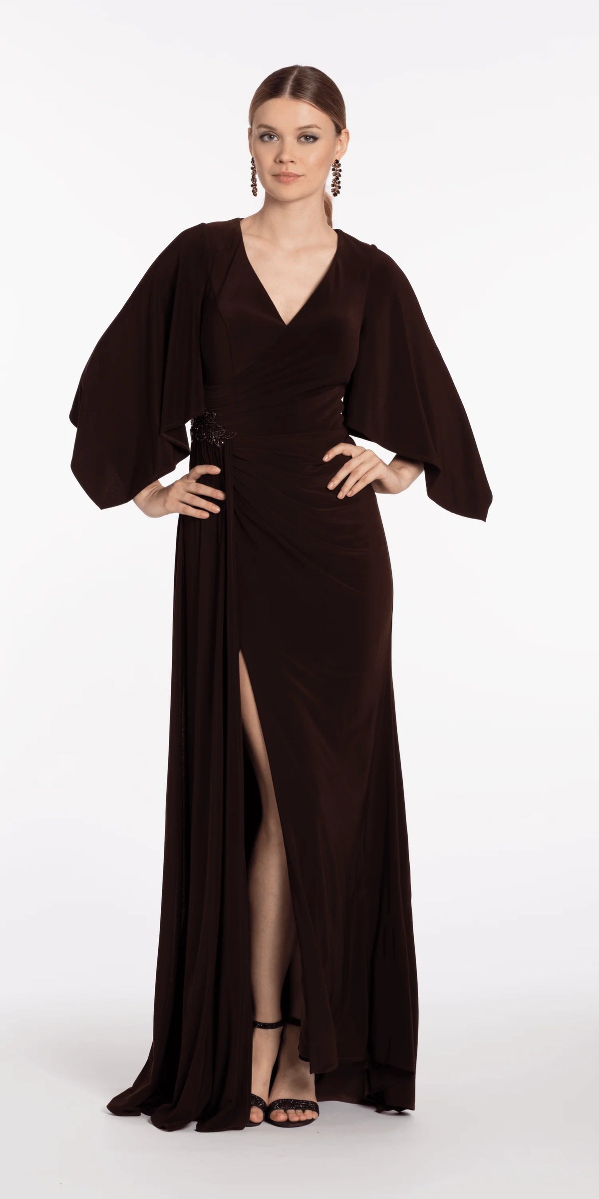 Jersey Cape Sleeve V Neck Faux Wrap Dress