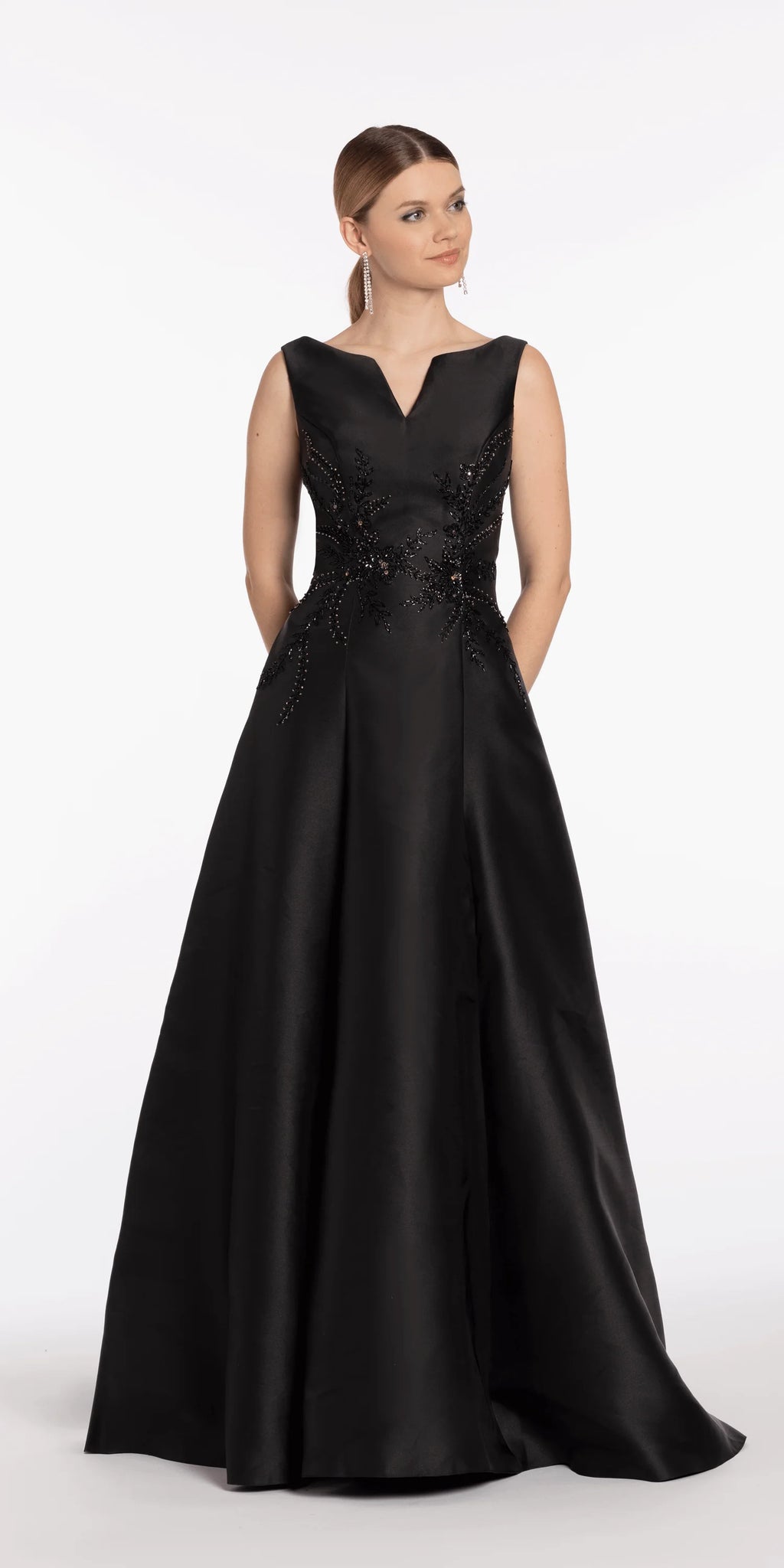 Mikado Embellished Bateau Neck A Line Dress with Pockets