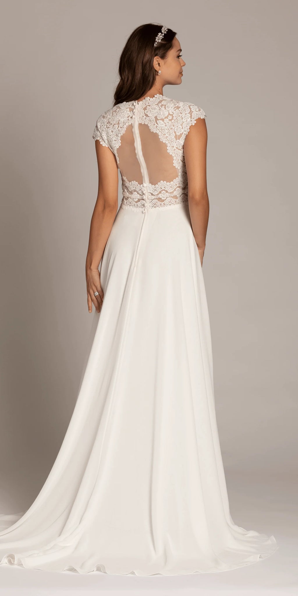 Cap Sleeve Crocheted Illusion Back Chiffon A Line Dress
