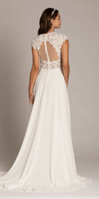 Cap Sleeve Crocheted Illusion Back Chiffon A Line Dress
