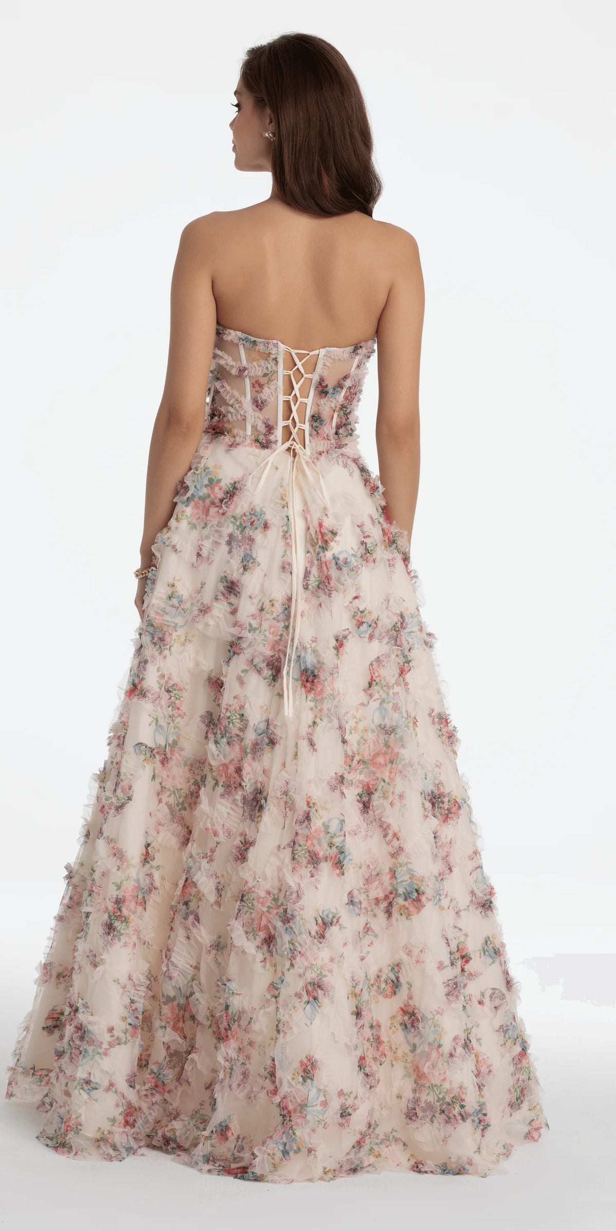 Strapless Ruffle Floral Print Ballgown