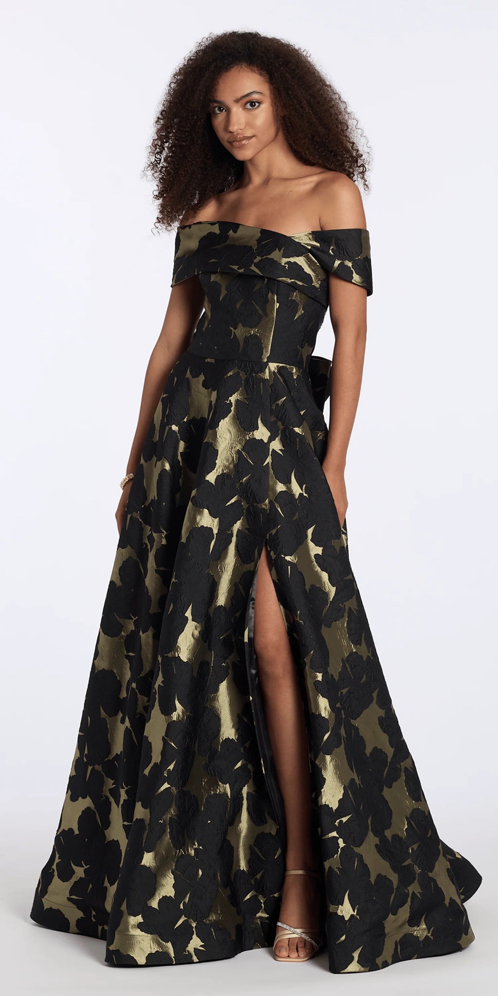 Off the Shoulder Floral Jacquard A Line Dress with Bow