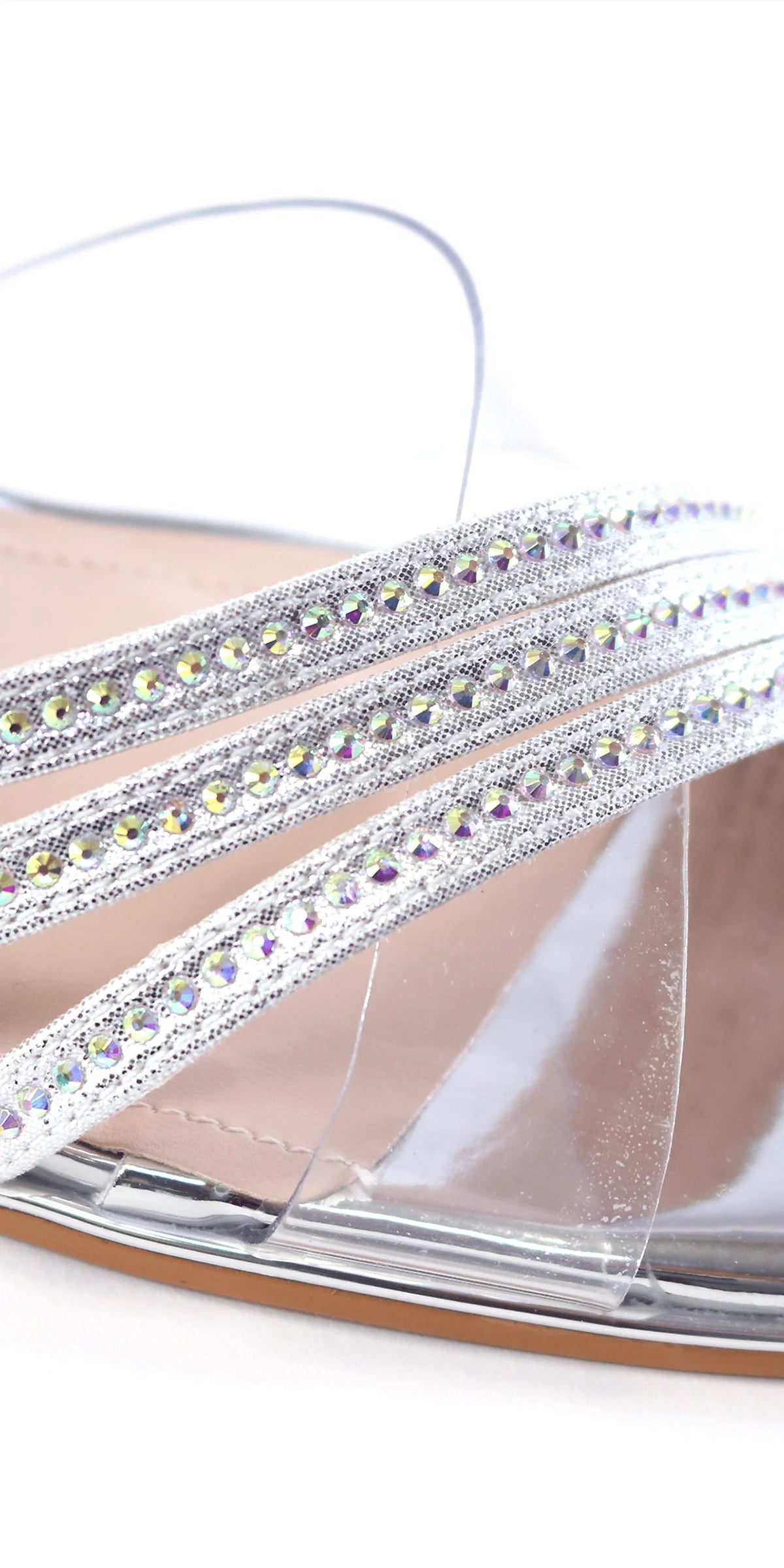 Triple Strap Lucite Rhinestone Low Heel Sandal